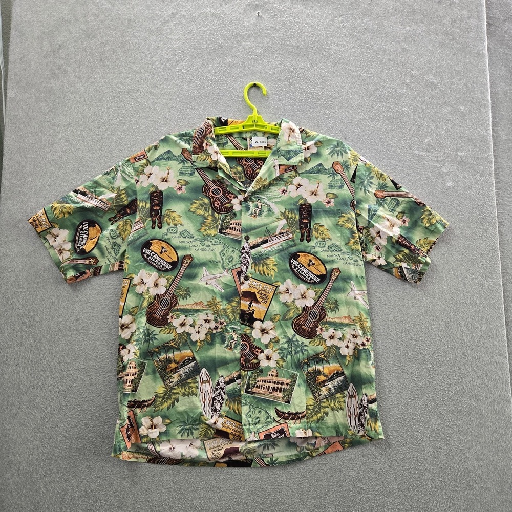 Hawaiian Tog Men Button‎ Up Shirt 2XL Green Guitar Floral Hawaii Print